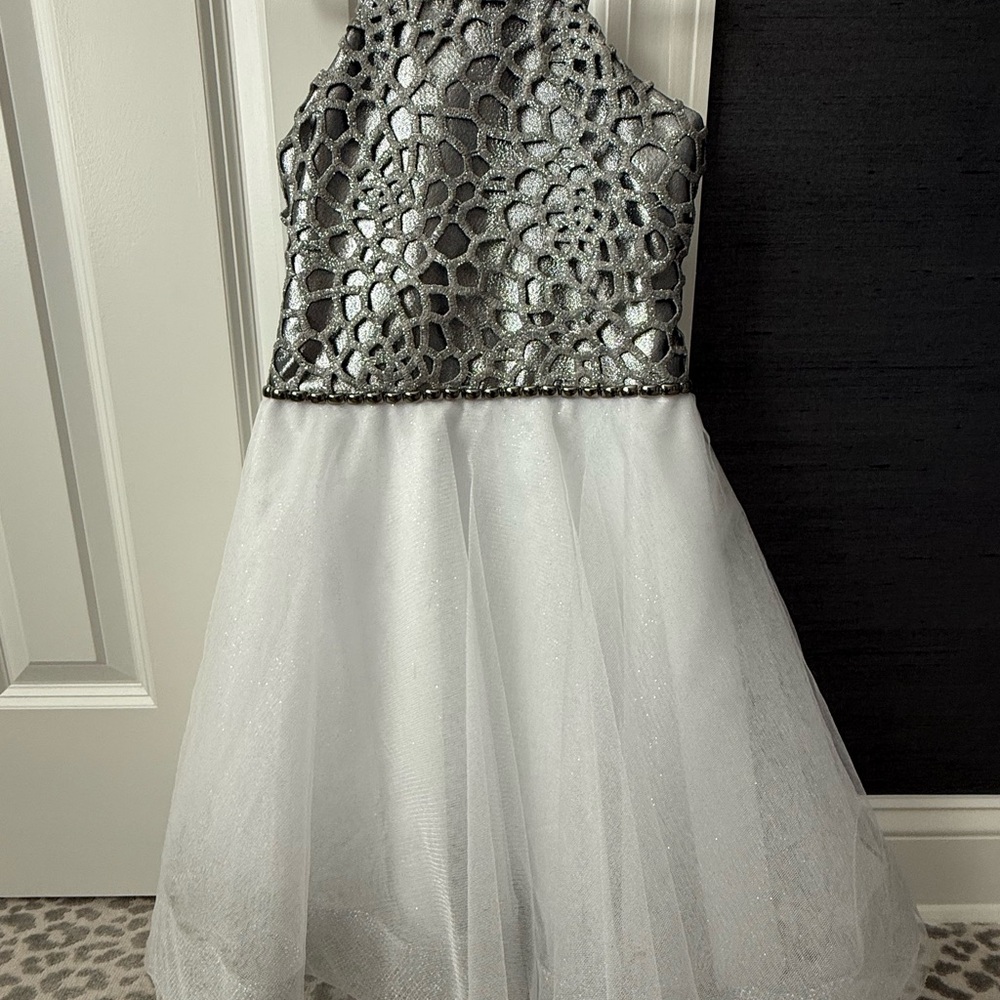 Formal Girls Dress with Silver Bodice and White Tulle Skirt
